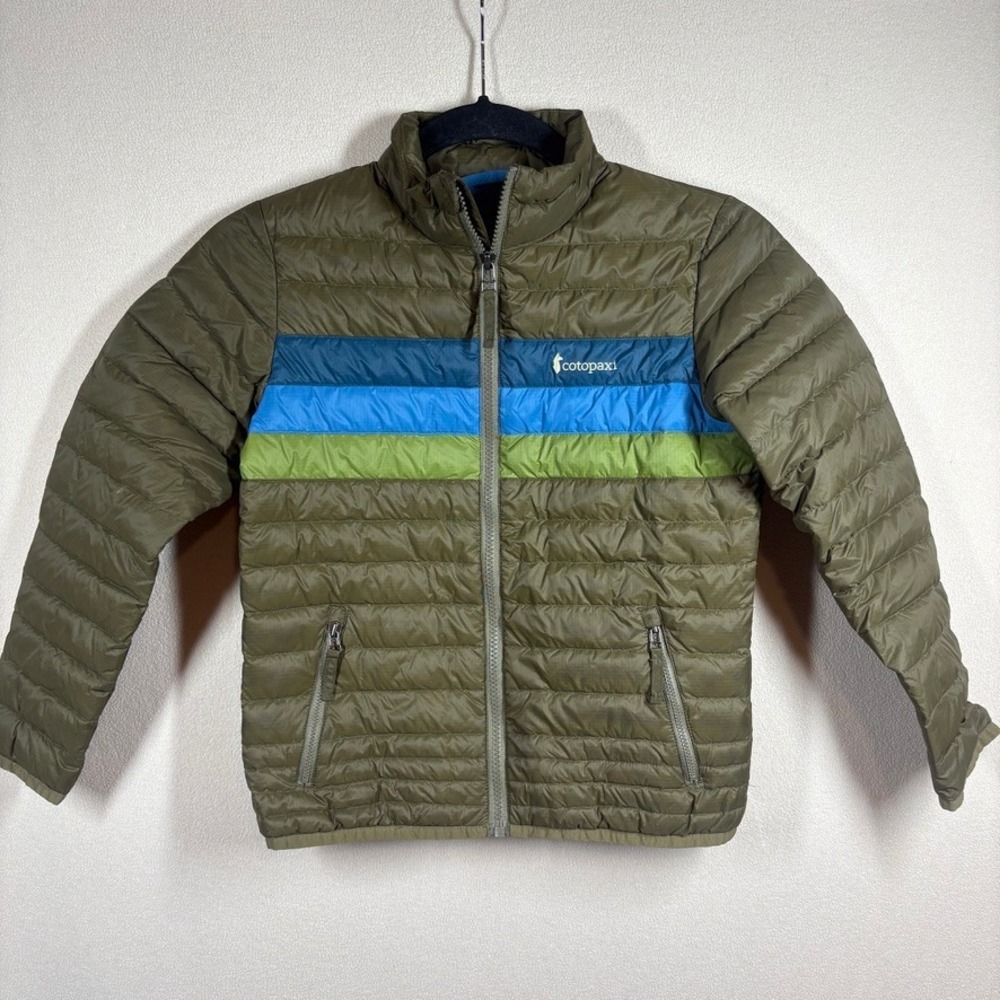 Cotopaxi Kids Fuego Down Jacket Olive Green Blue Stripe Puffer Size Small